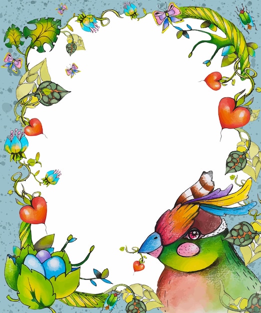 Watercolor frame with floral elements, insects and exotic birds.