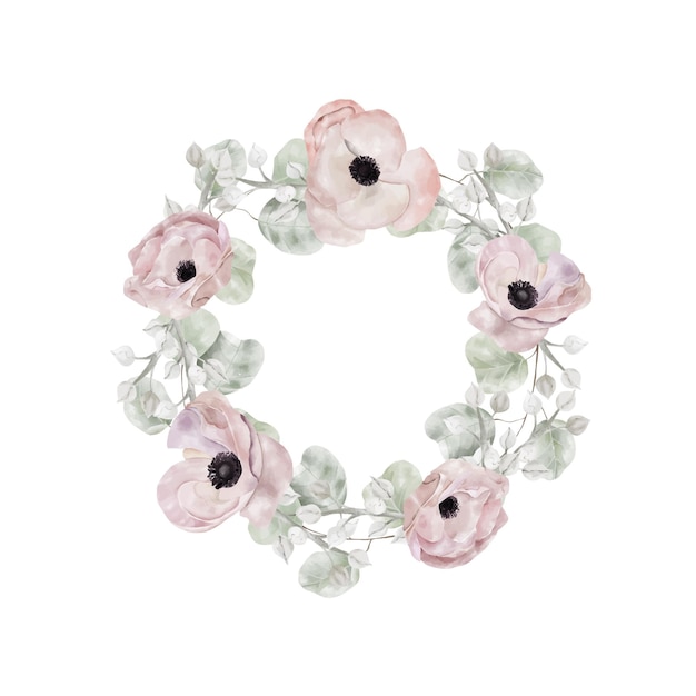 Watercolor frame with pink anemone and eucalyptus