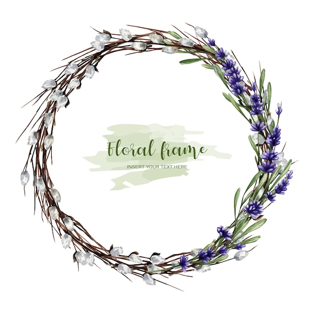 Vector watercolor frame with spring flowers and branches willow and purple lavender spring background