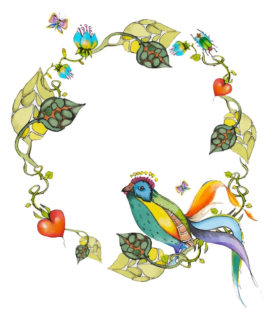 Watercolor frame, wreath with floral elements, insects and exotic birds.