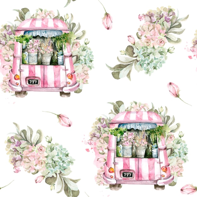 watercolor Franch pattern withtruck and bouquet of pink roses peony foliage Romantic