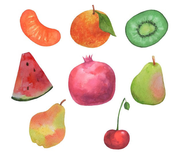 Watercolor fruits pear, pomegranate, watermelon, tangerine, kiwi, cherry isolated on white