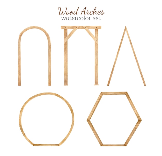 Watercolor geometric wood arches. Round, square, triangle and hexagon wedding archways sketch