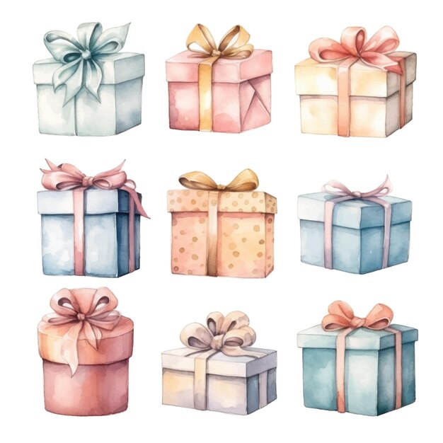 Watercolor gift boxes Hand drawn illustration isolated on white background