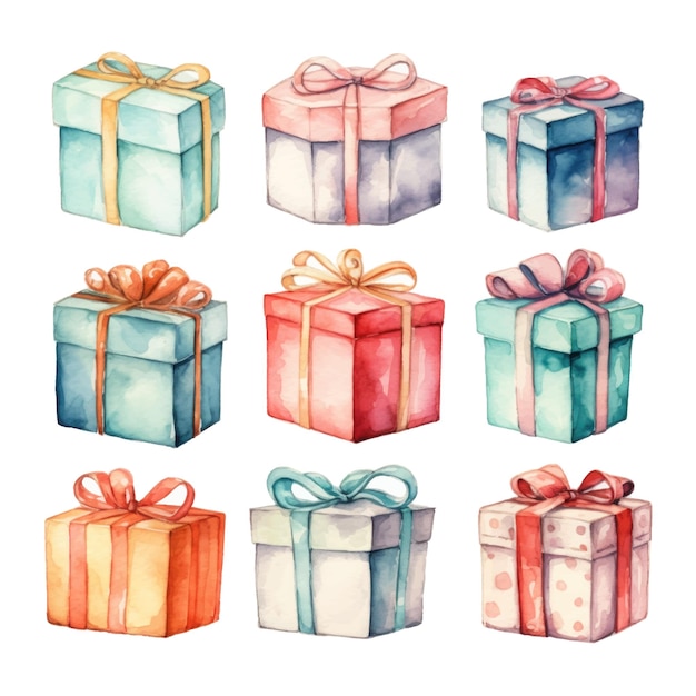 Watercolor gift boxes Hand drawn illustration isolated on white background