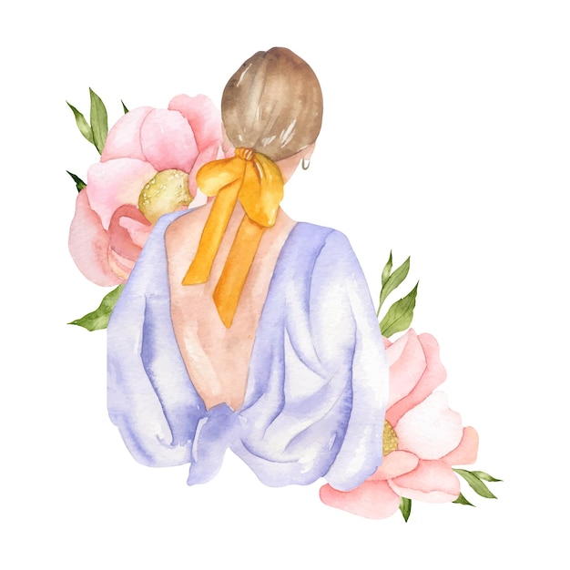 Watercolor girl and flowers