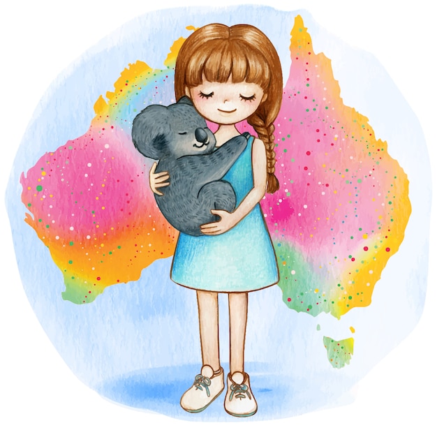 Watercolor girl with koala on australian rainbow map