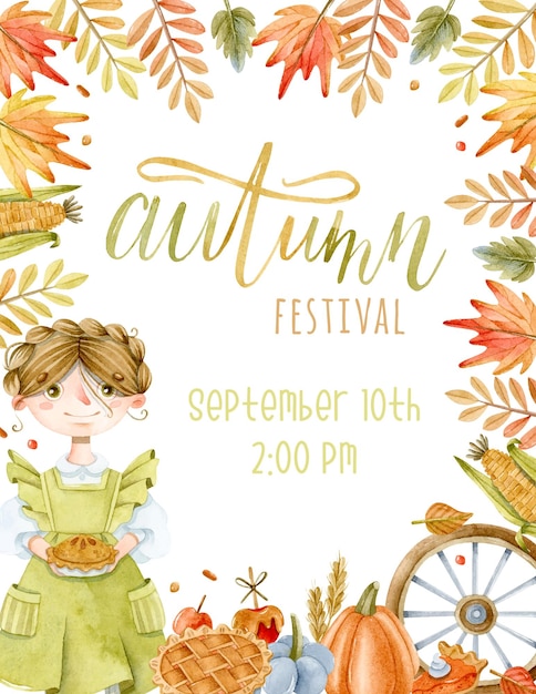 Watercolor girl with pie autumn leaves and pumpkins invitation template