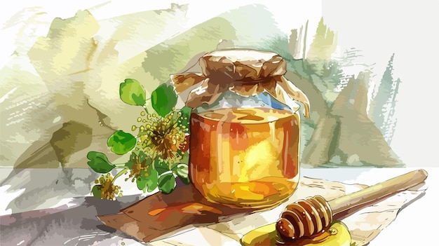 Watercolor Glass Jar of Amber Honey with Clover