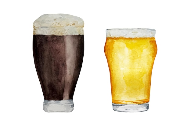 Watercolor glasses of fresh ale and light beer with foam