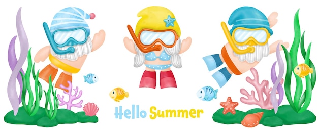 Watercolor Gnomes Diving Summer Clipart