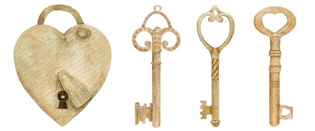 Watercolor gold metal retro keys and locks set illustration