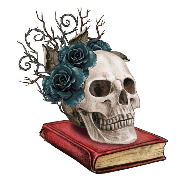 Watercolor gothic skull on a book with thorns and black roses