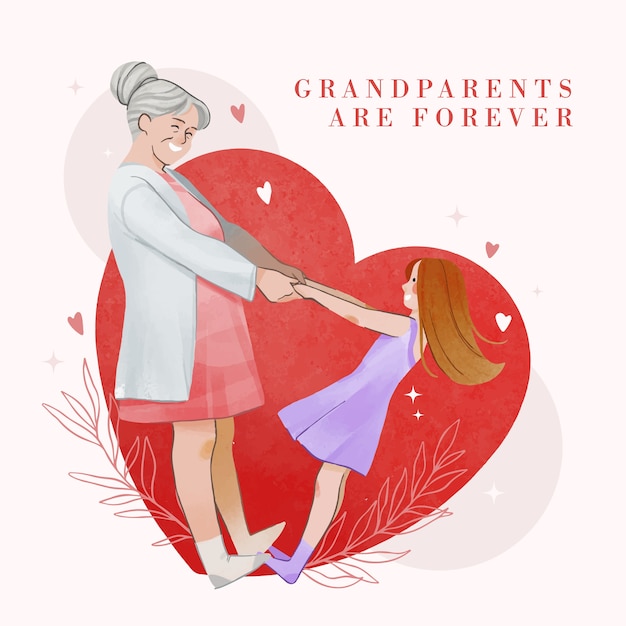 Vector watercolor grandparents day illustration with grandchild and grandmother in heart shape