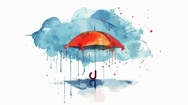 Vector watercolor graphic of umbrella with cloud and rain