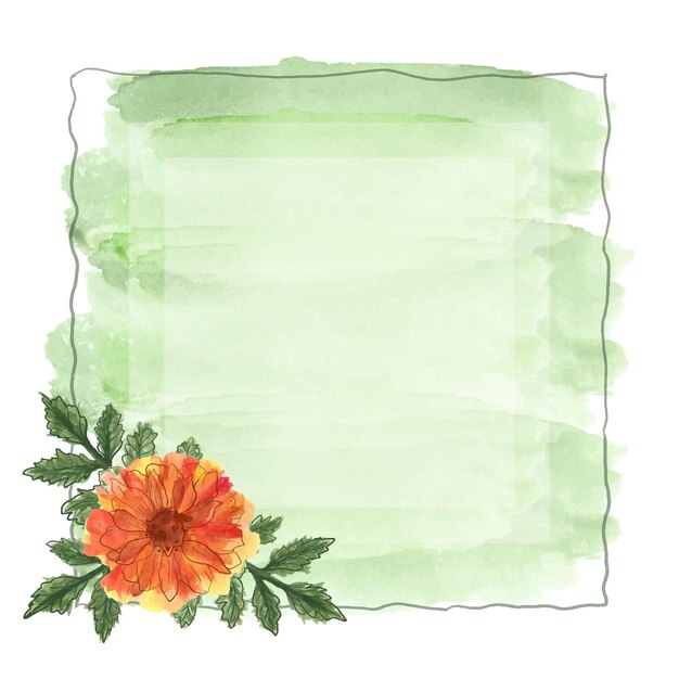 Vector watercolor green background with a frame of hand painted marigold flower with stems with leaves