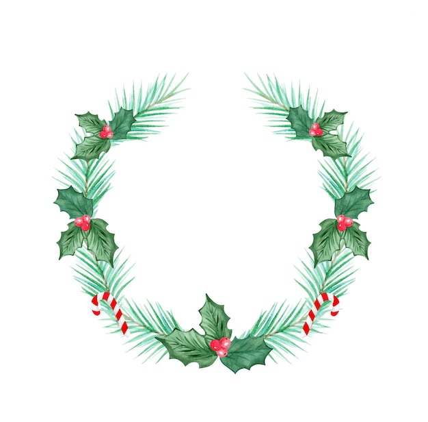 Watercolor green christmas wreath with holly isolated on white background Hand drawn illustration