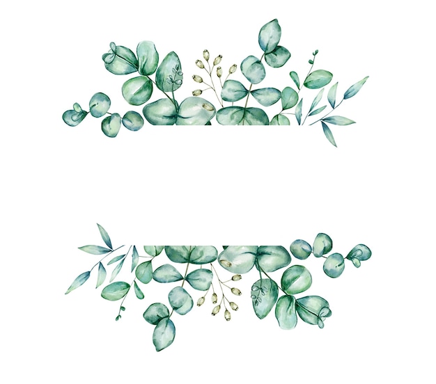 Watercolor green floral banner with eucalyptus leaves and branches