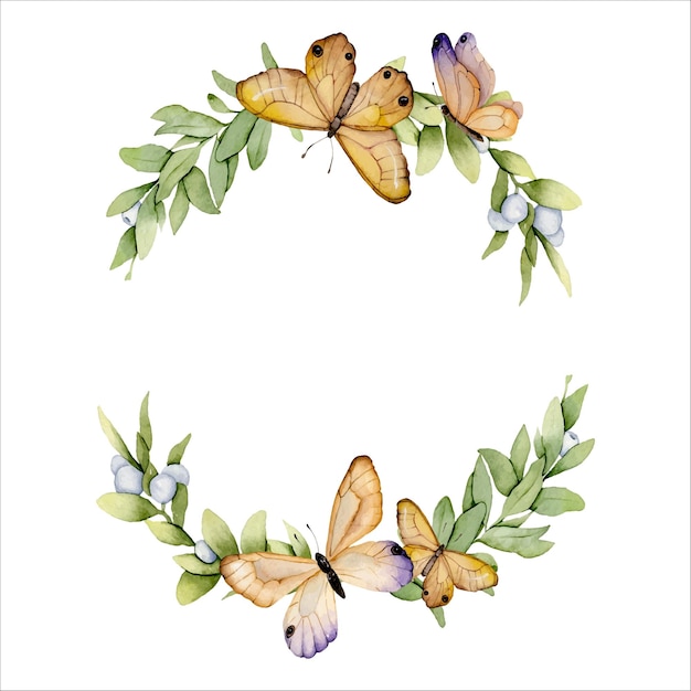 Watercolor green leaves and butterflies frame