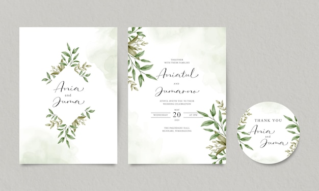 Watercolor green leaves set for wedding invitation template