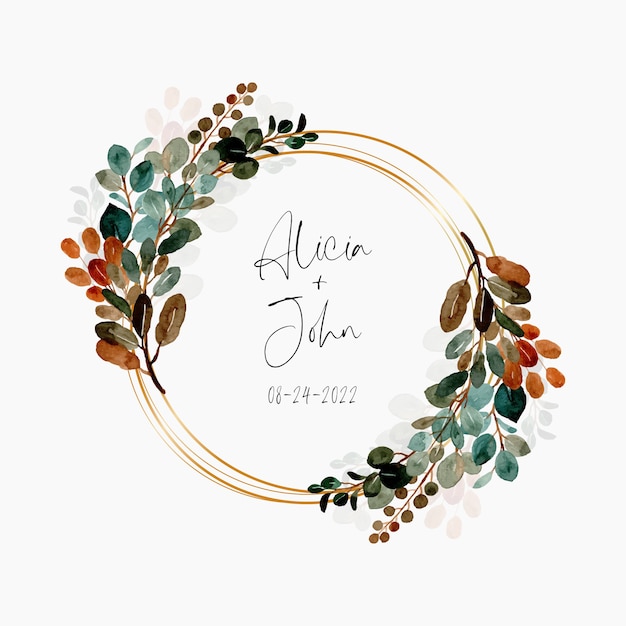 Watercolor green leaves wreath with golden frame