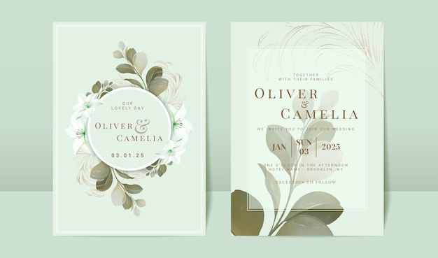 Watercolor greenery wedding invitation card template set