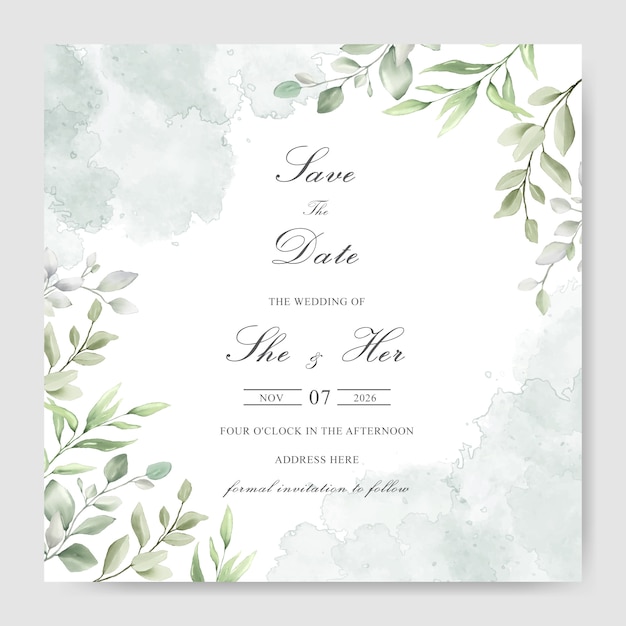 Watercolor Greenery wedding invitation template card 