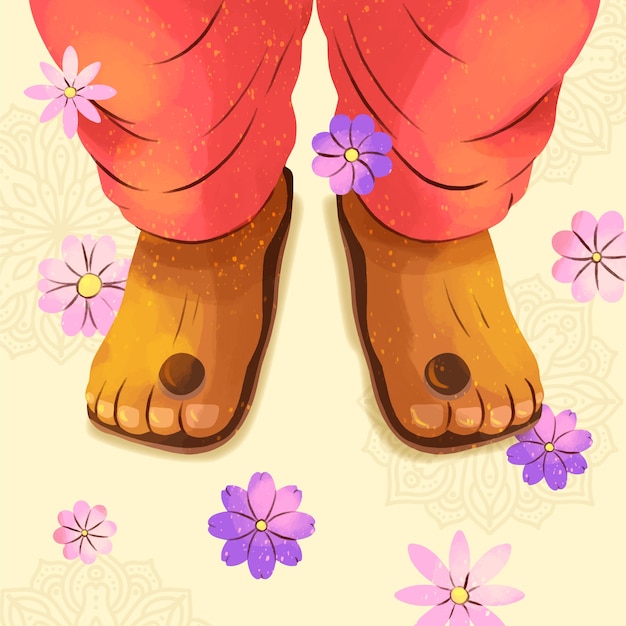 Watercolor guru purnima illustration with feet and flowers