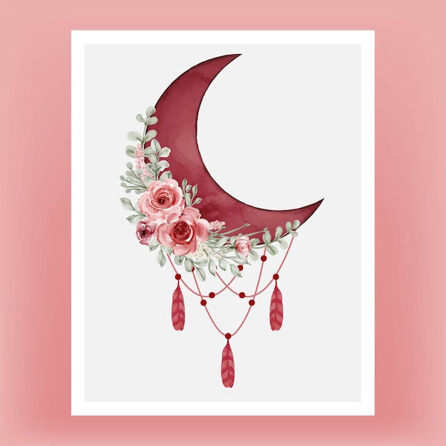 Watercolor half moon in red burgundy with flower