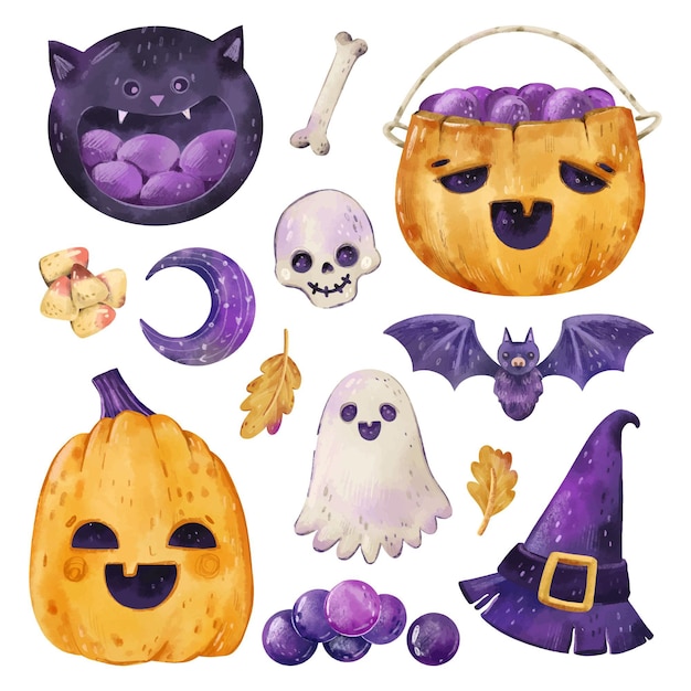 Watercolor halloween elements collection