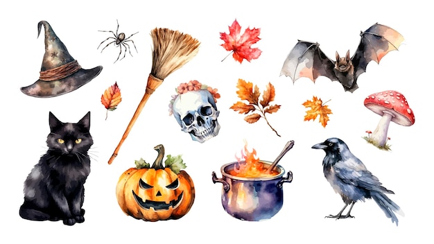 Watercolor halloween elements Jack o lantern pumpkin skull witch hat witch cauldron broom