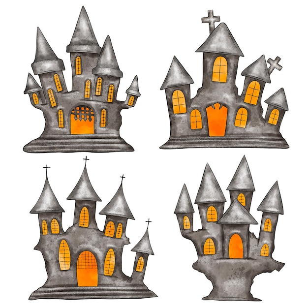 Watercolor halloween haunted houses collection