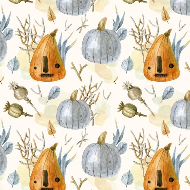 Watercolor Halloween pattern with pumpkins