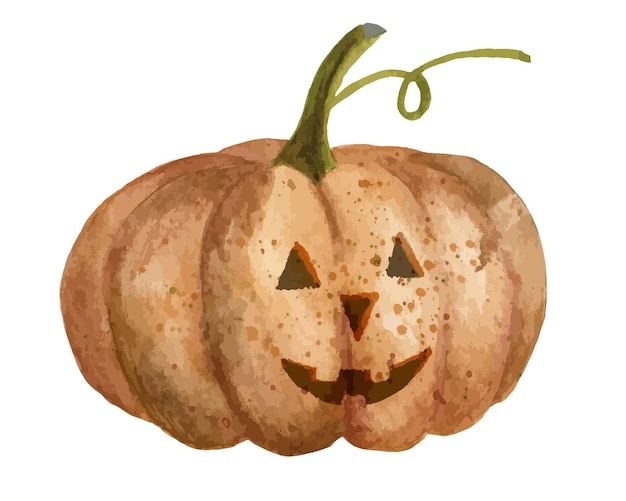 Watercolor Halloween Pumpkin with happy face. Jack o Lantern. Illustration of fall gourd