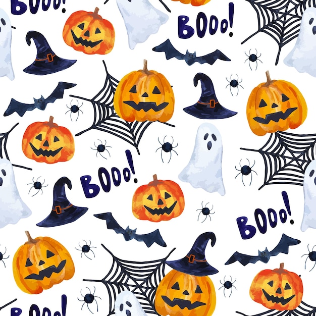 Watercolor halloween seamless pattern hand drawn autumn party background