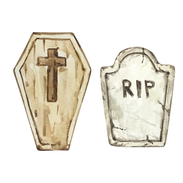 Watercolor halloween set of coffin and tombstone