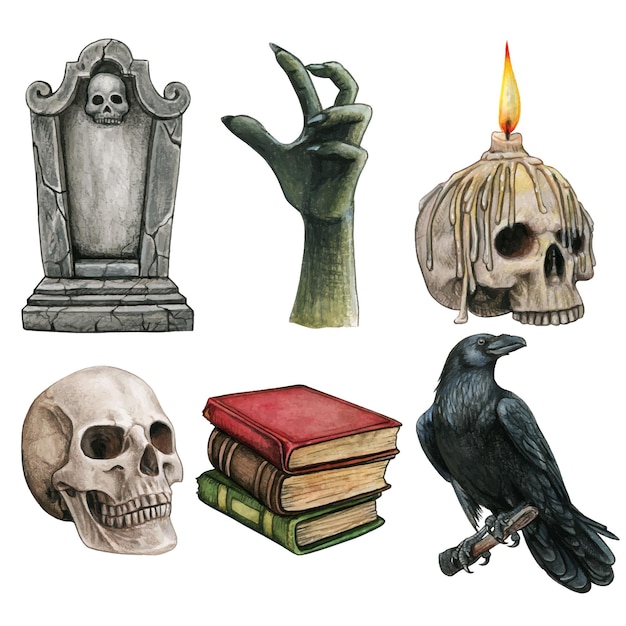 Watercolor halloween spooky gothic icon set