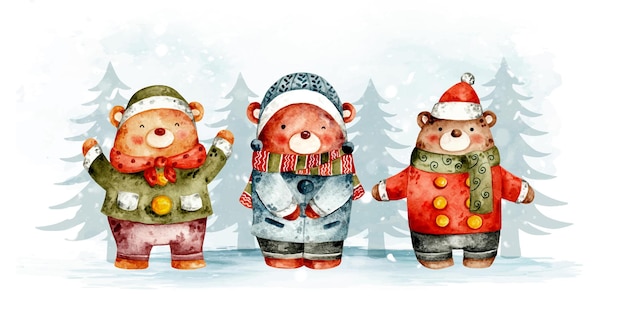 Watercolor hand drawn Christmas bears