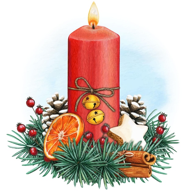 Watercolor hand drawn christmas candle