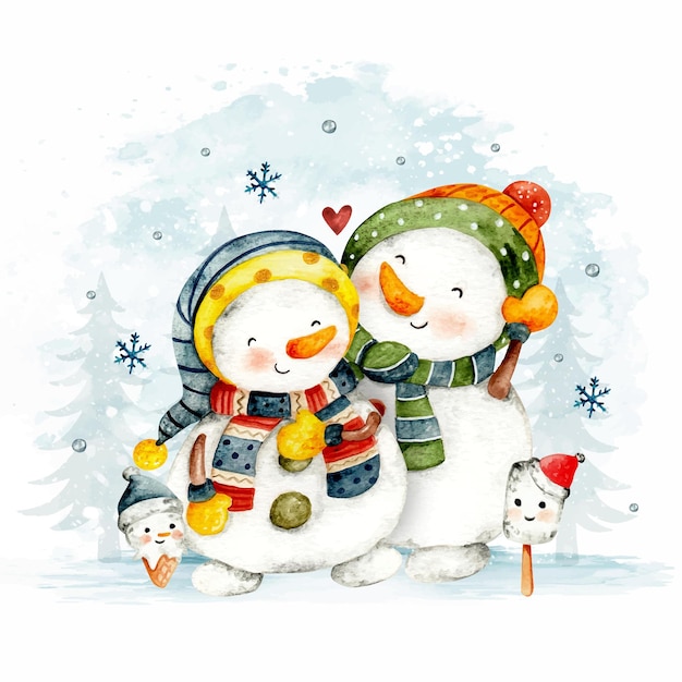 Watercolor hand drawn Christmas couple snowman