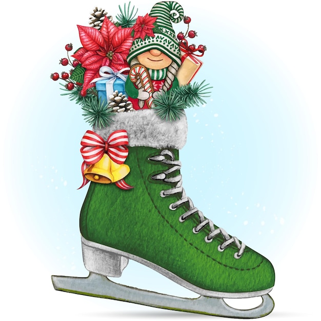 Watercolor hand drawn christmas decorated ice skate