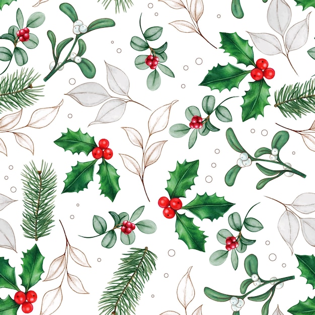 Watercolor hand drawn christmas leaves and berries  pattern