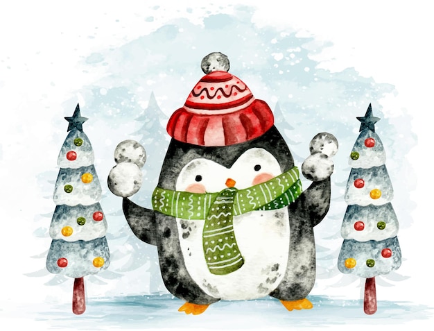 Watercolor hand drawn Christmas Pinguin