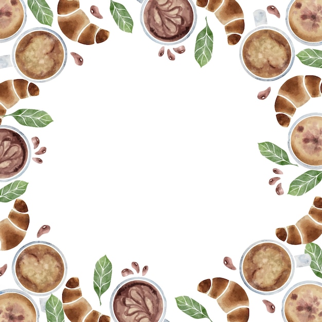 Watercolor hand drawn circle frame wreath with capuccino coffee cups leaves beans croissants Isolated on white background For invitations cafe restaurant food menu print website cards