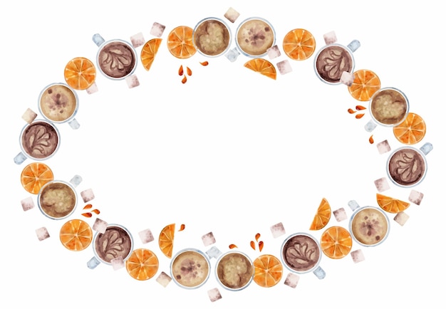 Watercolor hand drawn circle frame wreath with coffee cups sugar cubes orange drops and slices Isolated on white background For invitations cafe restaurant food menu print website cards