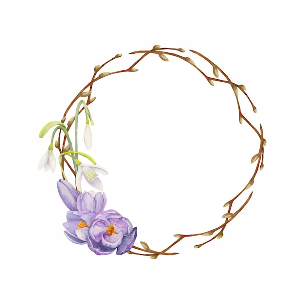 Watercolor hand drawn circle wreath with spring flowers daffodils crocus snowdrops branches Isolated on white background Design for invitations wedding greeting cards wallpaper print textile