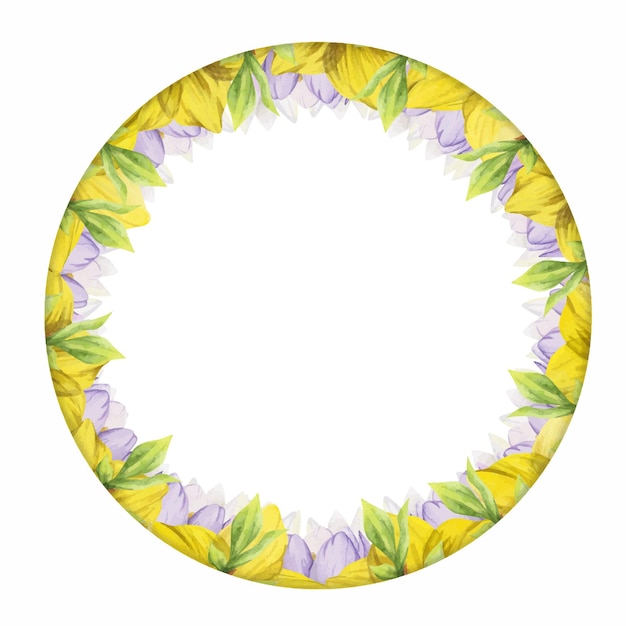 Watercolor hand drawn circle wreath with spring flowers daffodils crocus snowdrops leaves Isolated on white background Design for invitations wedding greeting cards wallpaper print textile