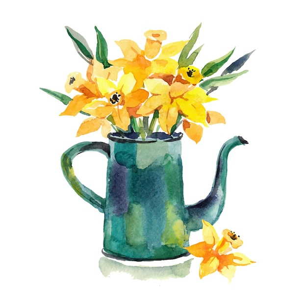 Watercolor hand drawn coffeepot with flowers Design for card