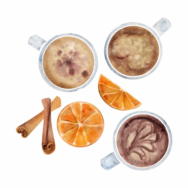 Watercolor hand drawn composition with capuccino porcelain and gold coffee cups cinnamon orange Isolated on white background For invitations cafe restaurant food menu print website cards