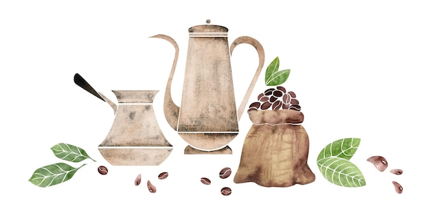 Watercolor hand drawn composition with coffee copper pot cezve jute bag beans leaves cinnamon sticks Isolated on white background For invitations cafe restaurant food menu print website cards